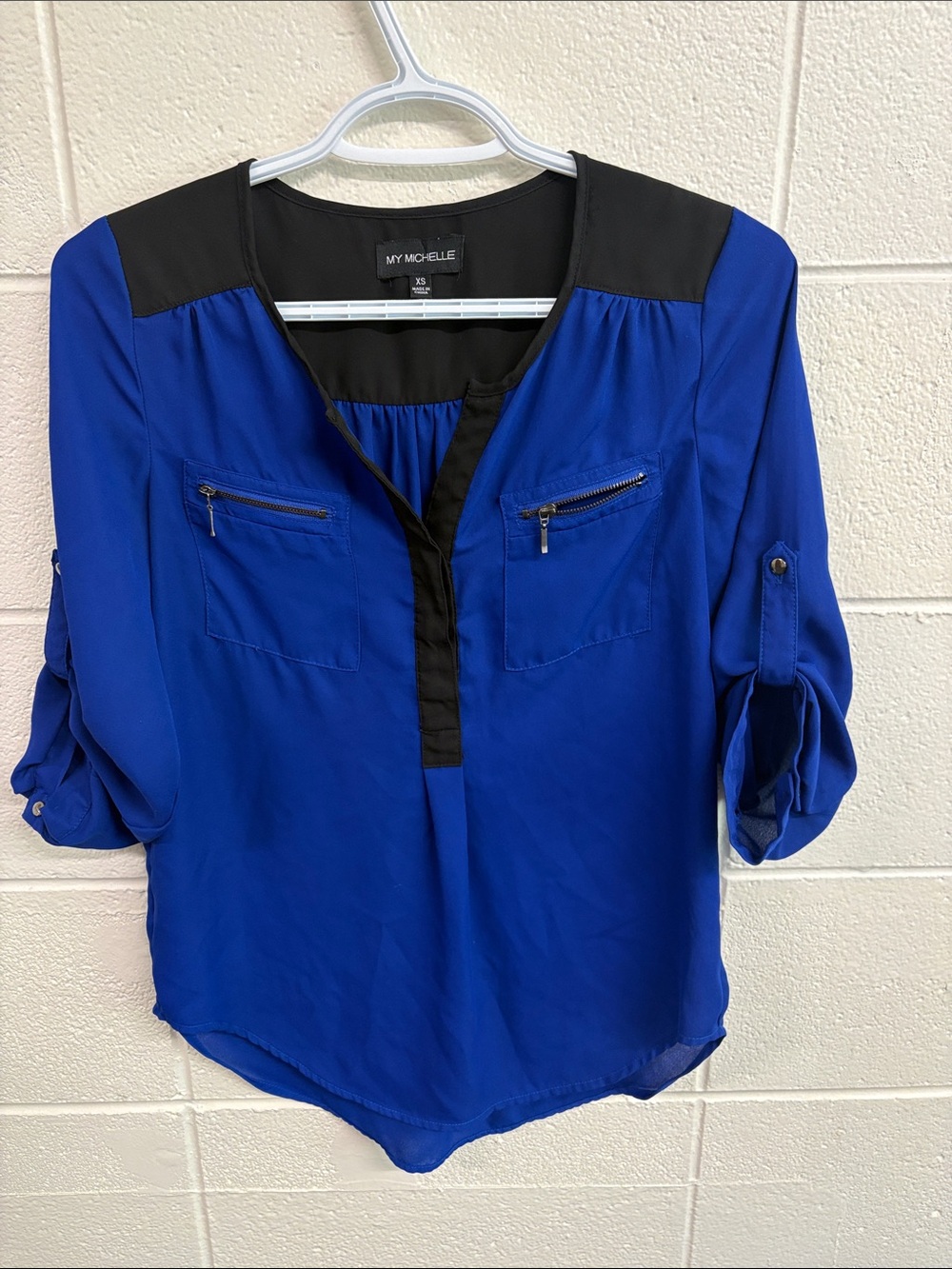 My Michelle Royal Blue and Black Zip-Pocket Blouse
